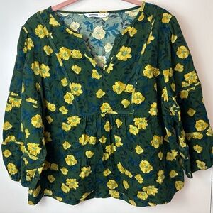 Sonoma Corduroy Green floral Notchneck Long Sleeve Top Size petite Large #1660